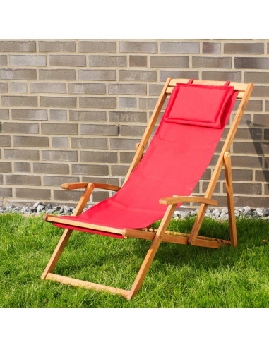 Chaise longue relax rouge en acacia massif Bain de soleil