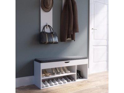 Banc de rangement avec coussin gris - meuble à chaussures - banc à  chaussures avec grand tiroir double compartiment - MDF blanc