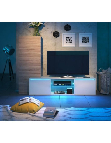 Meuble TV avec bibliothèque bicolore chêne et blanc LED cielterre-commerce