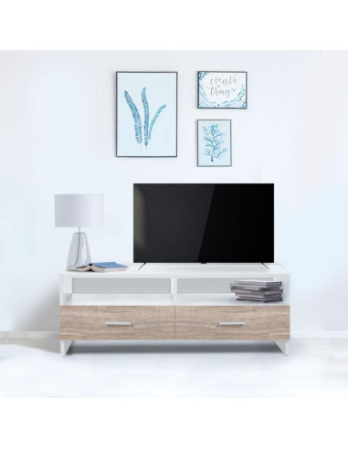 Meuble TV blanc et hêtre meuble téléviseur avec 2 tiroirs