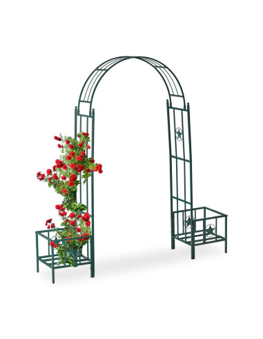 Arche de jardin en métal vert avec deux bacs jardinière