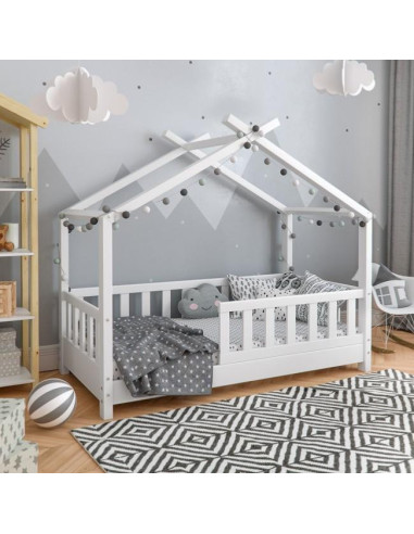 Lit montessori cabane pour enfant 70x140 blanc barrière - Ciel & terre