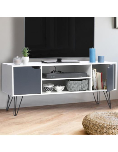 Meuble TV rétro bicolore blanc et gris meuble téléviseur