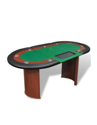 Table Poker feutrine verte 10 joueurs brun avec croupier