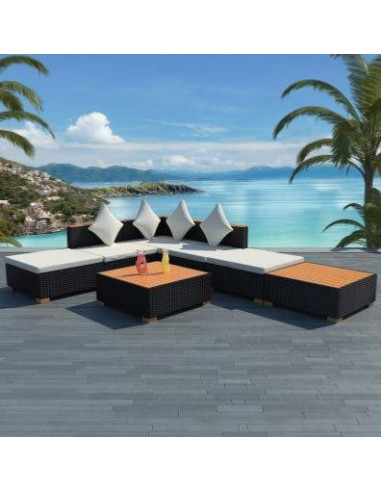 Salon jardin 6 places avec coussins résine tressée noir et bois composite Canapé de jardin mobilier 