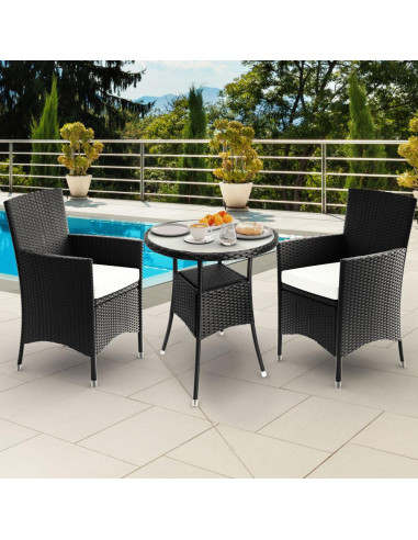 Table ronde de balcon en polyrotin noir avec 2 chaises