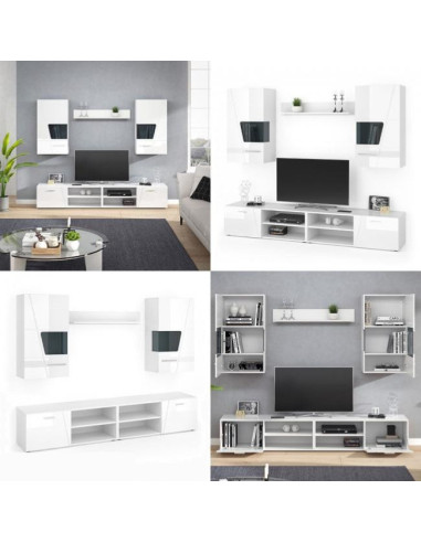 Mur TV Hifi blanc brillant placard et étagère meuble télé
