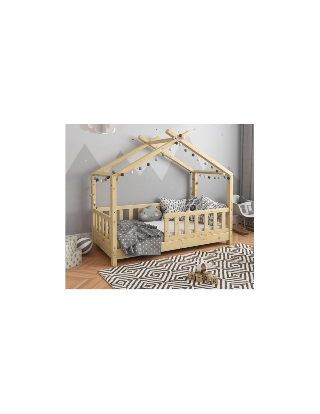 Lit-tipi d'enfant Montessori 70x140 cm avec linge de lit terracotta