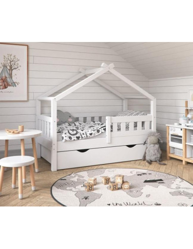 Lit montessori cabane pour enfant 70x140 cm blanc tiroir