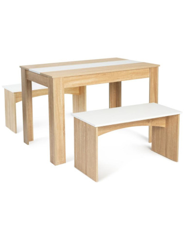 Table à manger blanc et chêne avec deux bancs table repas