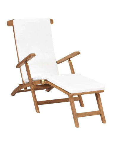 Chaise longue en teck massif avec coussin blanc crème
