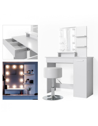 Coiffeuse table maquillage blanc contemporain + LED + Tabouret cielterre-commerce