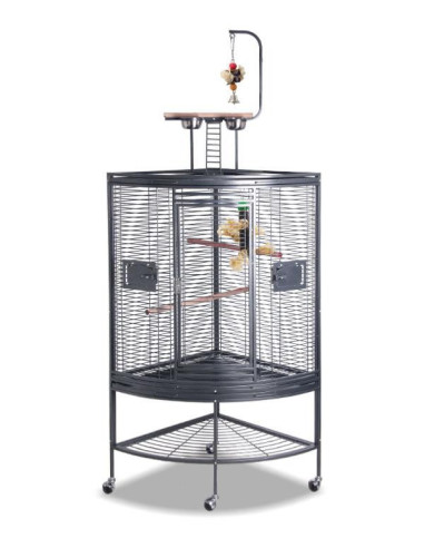 Cage perroquet d'angle anthracite avec aire de jeu