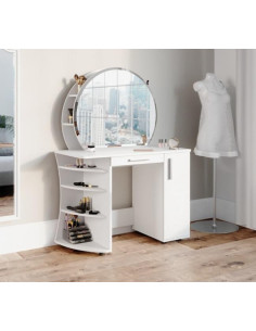 Coiffeuse Blanche en Bois - Style Classique - Miroir et 4 Tiroirs - Chambre  à Coucher ou Salon - Cdiscount Maison