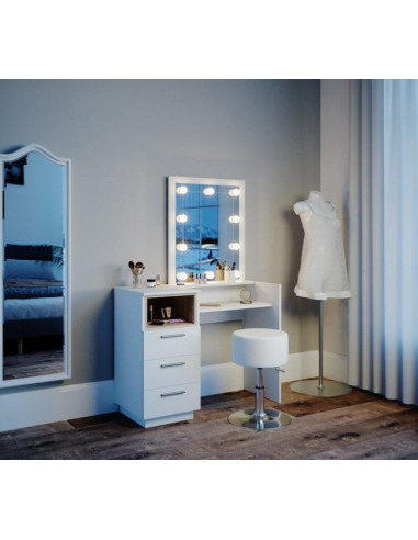 Coiffeuse blanc et chêne avec miroir + LED + Tabouret cielterre-commerce
