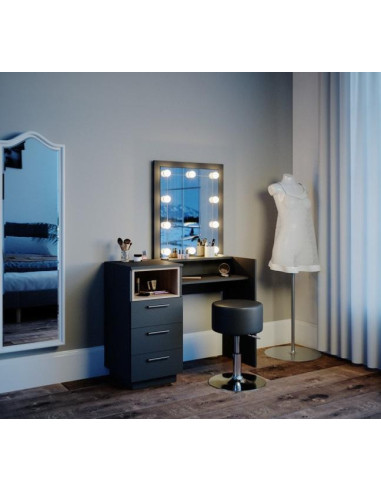 Coiffeuse anthracite et chêne avec miroir + LED + Tabouret cielterre-commerce