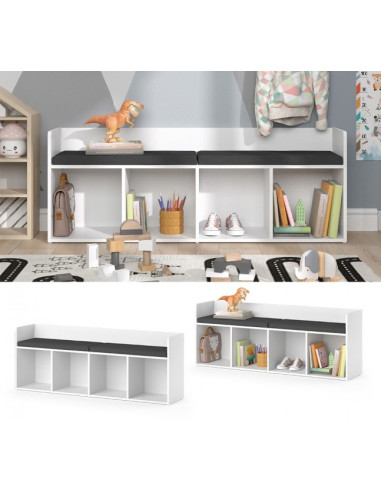 Etagère montessori avec banc et coussins 4 cases de rangement meuble enfant rangement jouet et livres