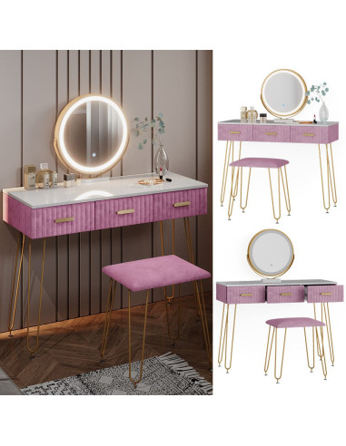 Coiffeuse blanche et rose 3 tiroirs Miroir LED + Tabouret Table manucure Coiffeuse femme