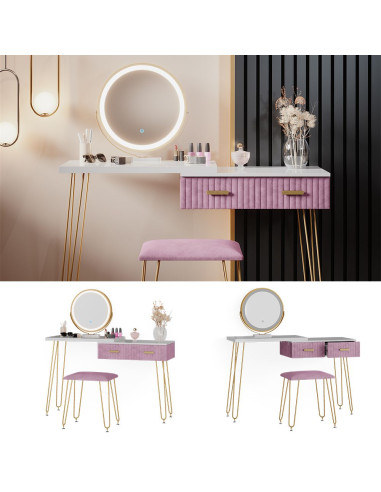 Coiffeuse blanche et rose 2 tiroirs Miroir LED + Tabouret Table manucure Coiffeuse femme