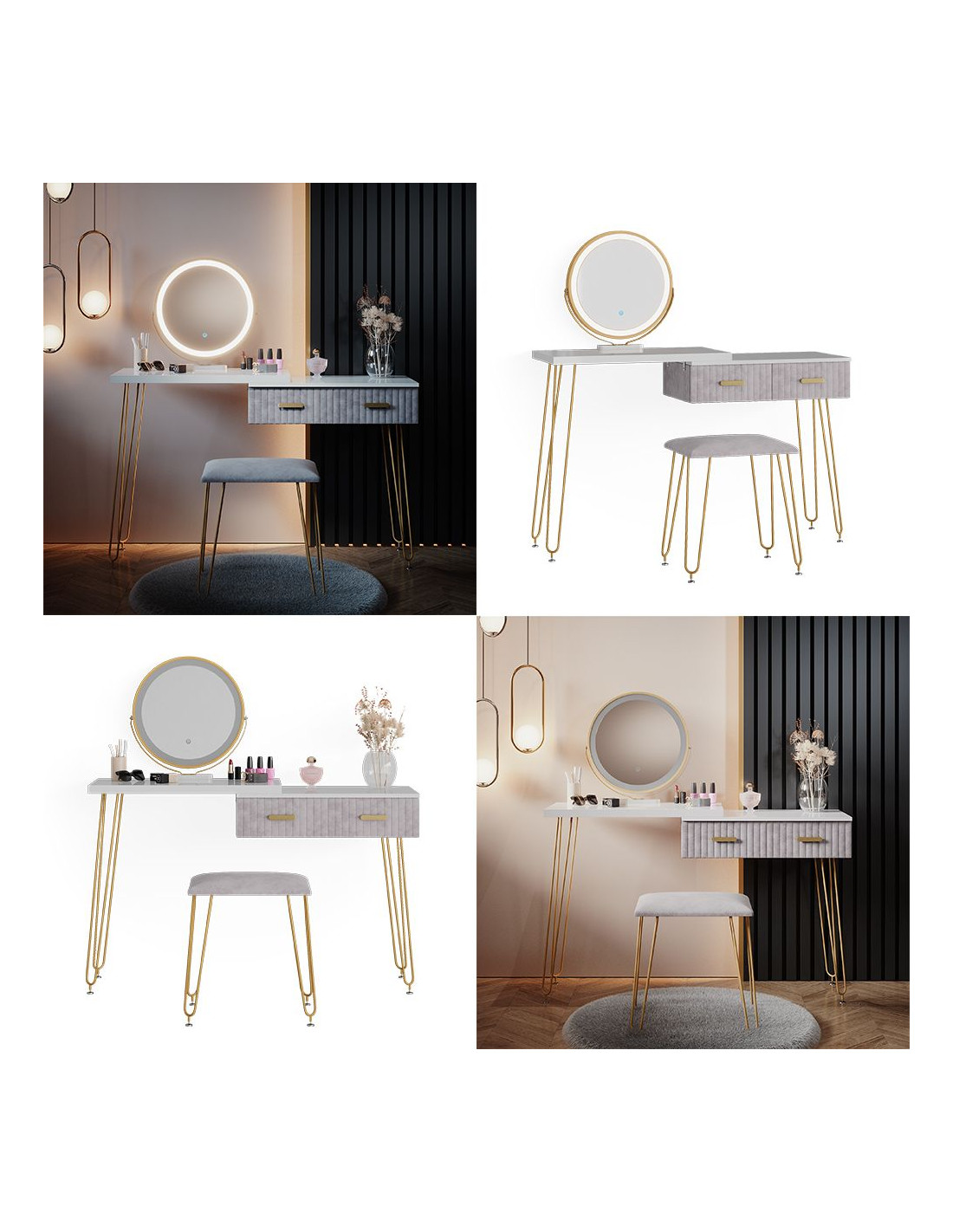 Coiffeuse blanche 2 tiroirs Miroir LED + Tabouret Table manucure - Ciel &  terre