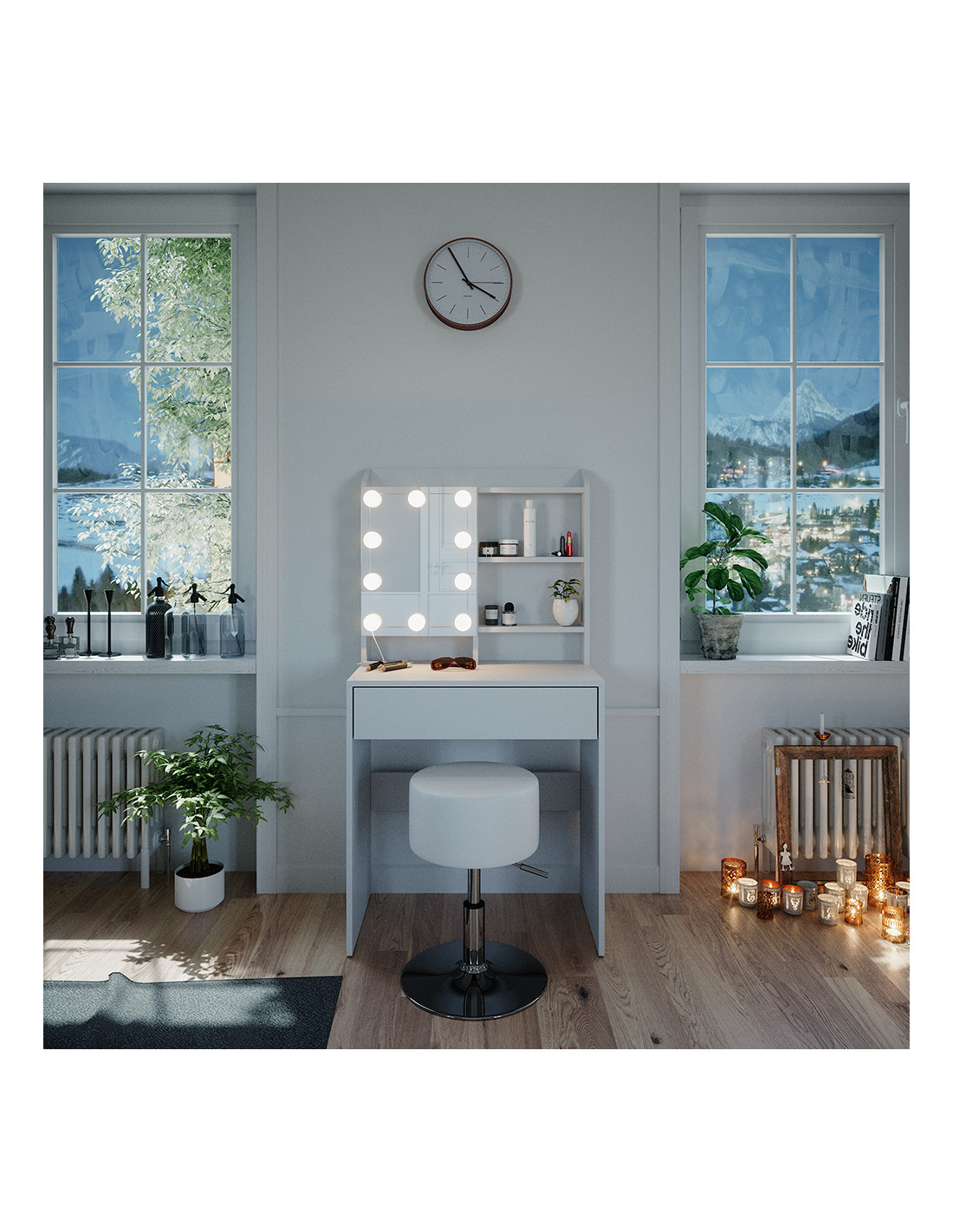 Coiffeuse d'angle blanche 6 tiroirs + LED + Tabouret Coiffeuse moderne -  Ciel & terre
