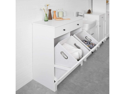 Meuble salle de bain blanc avec panier à linge intégré gris