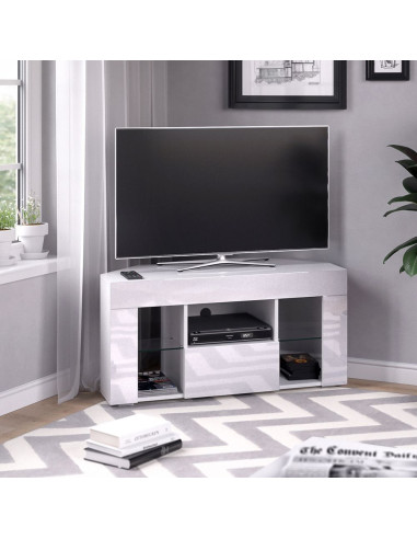Meuble TV blanc moderne Meuble téléviseur d'angle avec compartiment et tiroir Meuble salon