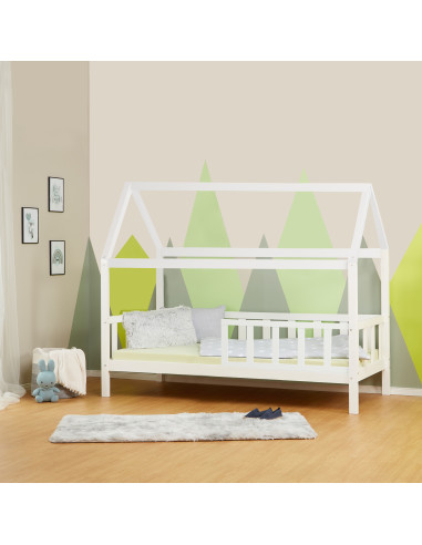 Lit montessori blanc lit cabane 90x200 cm avec barrières lit enfant avec sommier lit maison