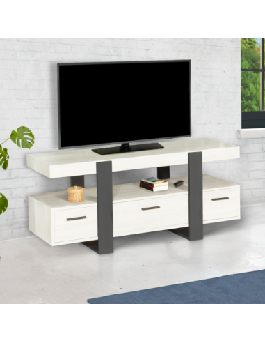 Meuble TV industriel bois gris meuble télévision design meuble télé pieds métal avec rangement
