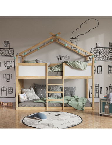 Lit montessori mezzanine pour enfant 90x200 cm blanc et Aulne lit mezzanine cabane lit maison avec sommier lit bois massif