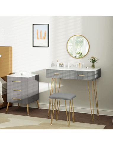 Coiffeuse moderne avec miroir et tabouret, coloris doré et gris