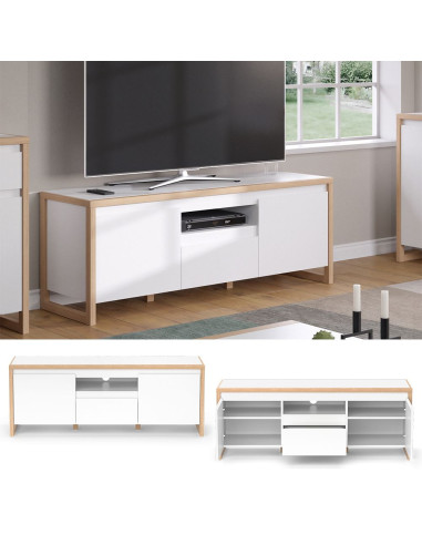 Meuble TV blanc et naturel 150 cm Meuble téléviseur avec compartiment et rangement