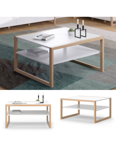 Table basse avec étagère blanc et pin massif Table salon rectangulaire Table basse moderne