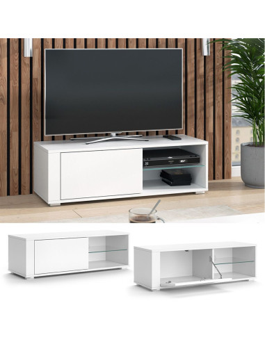 Meuble TV 100 cm blanc avec étagère verre Meuble TV salon Meuble téléviseur Meuble télé tendance