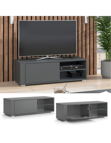 Meuble TV 100 cm gris avec étagère verre Meuble TV salon Meuble téléviseur Meuble télé tendance