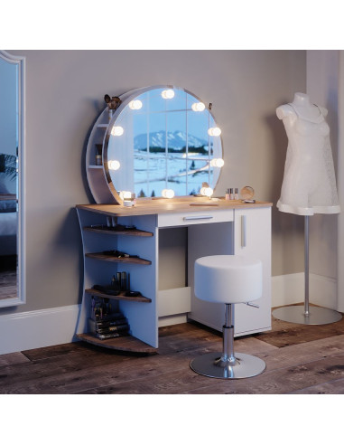 Coiffeuse épurée étagères et miroir LED + Tabouret blanc chêne Coiffeuse moderne Coiffeuse maquillage Coiffeuse femme