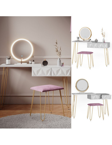 Coiffeuse design blanc brillant 2 tiroirs Miroir LED + Tabouret Table manucure Coiffeuse femme élégante