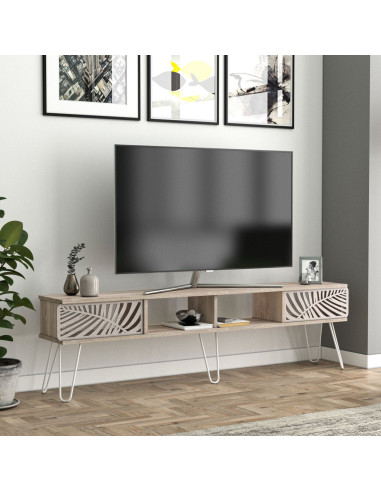 Meuble TV 180 cm tendance blanc et chêne pieds épingles Meuble télévision avec rangement