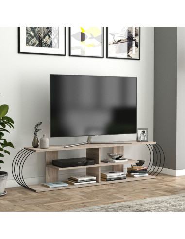 Meuble TV 180 cm moderne noir et chêne Meuble télévision avec rangement