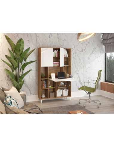 Secrétaire design blanc brillant et chêne Bureau pratique spacieux Secrétaire meuble tendance avec placard