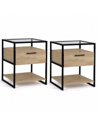 (Lot de 2) Table chevet plateau verre 1 tiroir Table de nuit industrielle Chevet chambre métal noir et chêne