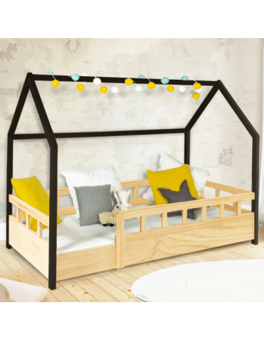 Lit montessori avec barrières 160x80 cm bois naturel et noir lit enfant avec sommier lit cabane lit maison