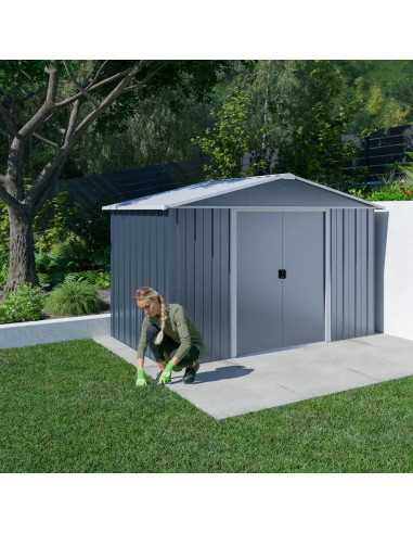 Abri de jardin métal gris 5,97m² + kit ancrage Abri jardin métallique rangement bois outillage de jardin