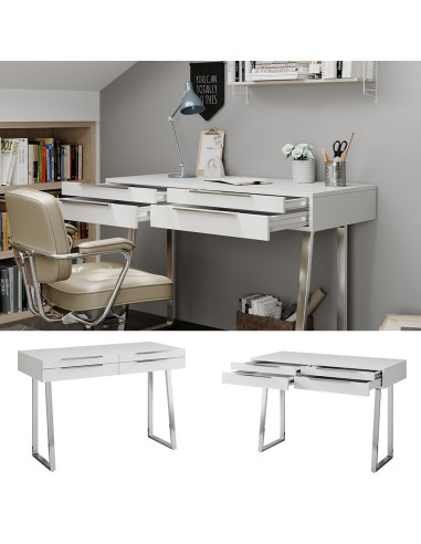 Bureau design blanc avec 4 tiroirs Bureau moderne Bureau informatique tendance Pieds acier