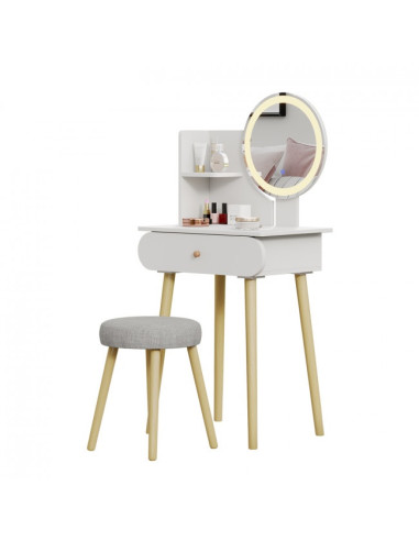 Coiffeuse blanche 1 tiroirs Miroir LED + Tabouret Table manucure Coiffeuse femme esprit scandinave