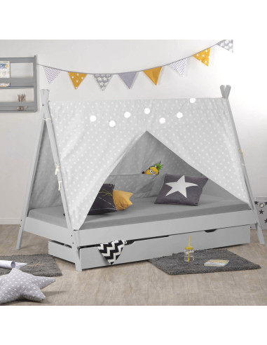 Lit tipi montessori gris 90x200 cm avec 2 tiroirs rangement lit enfant avec tente tissu lit cabane avec sommier