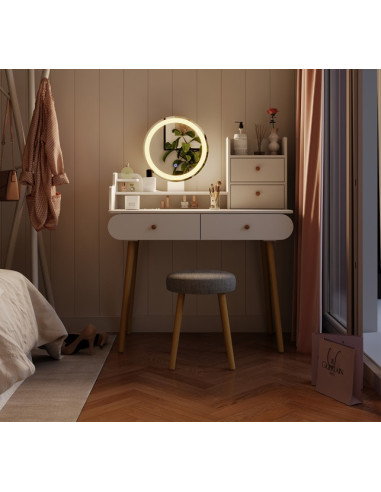 Coiffeuse scandinave blanche et bois avec tiroirs et miroir LED