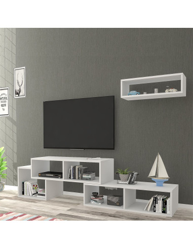 Meuble TV Blanc Moderne 170 cm avec 1 Etagère Murales Meuble Télévision Blanc