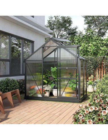 Serre de Jardin Anthracite ALU Polycarbonate 2,50m² avec Base et Gouttière Serre Potager