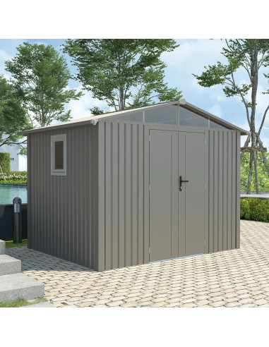 Abri de Jardin métal Gris Taupe HAUT DE GAMME Double Pente 7,05 m² + Kit Ancrage Abri métallique